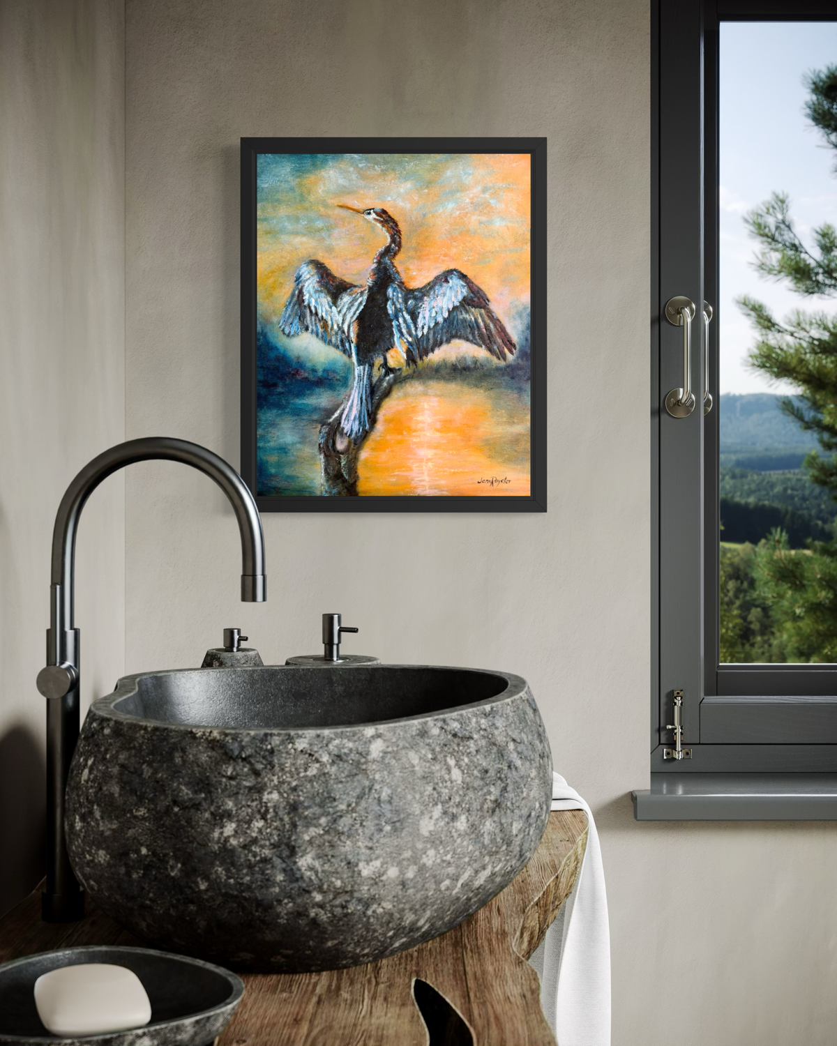 Anhinga’s Quiet Flame - Original Oil Painting, 20 x 16 in