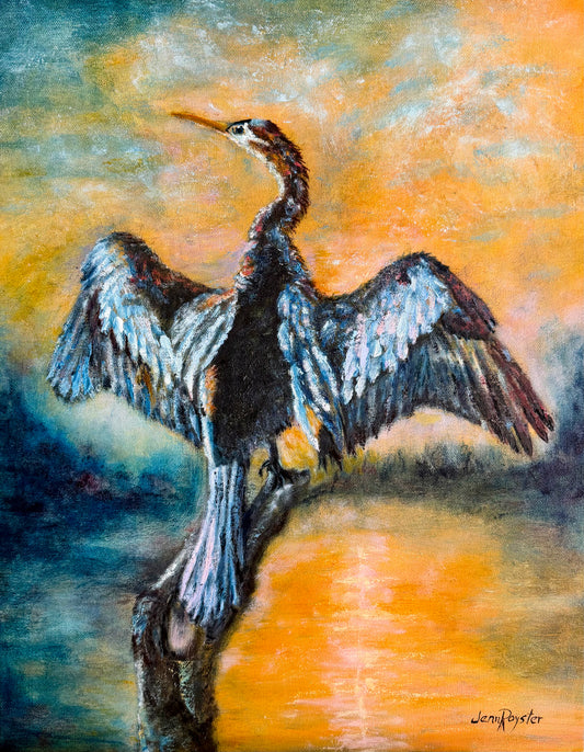 Anhinga’s Quiet Flame - Original Oil Painting, 20 x 16 in