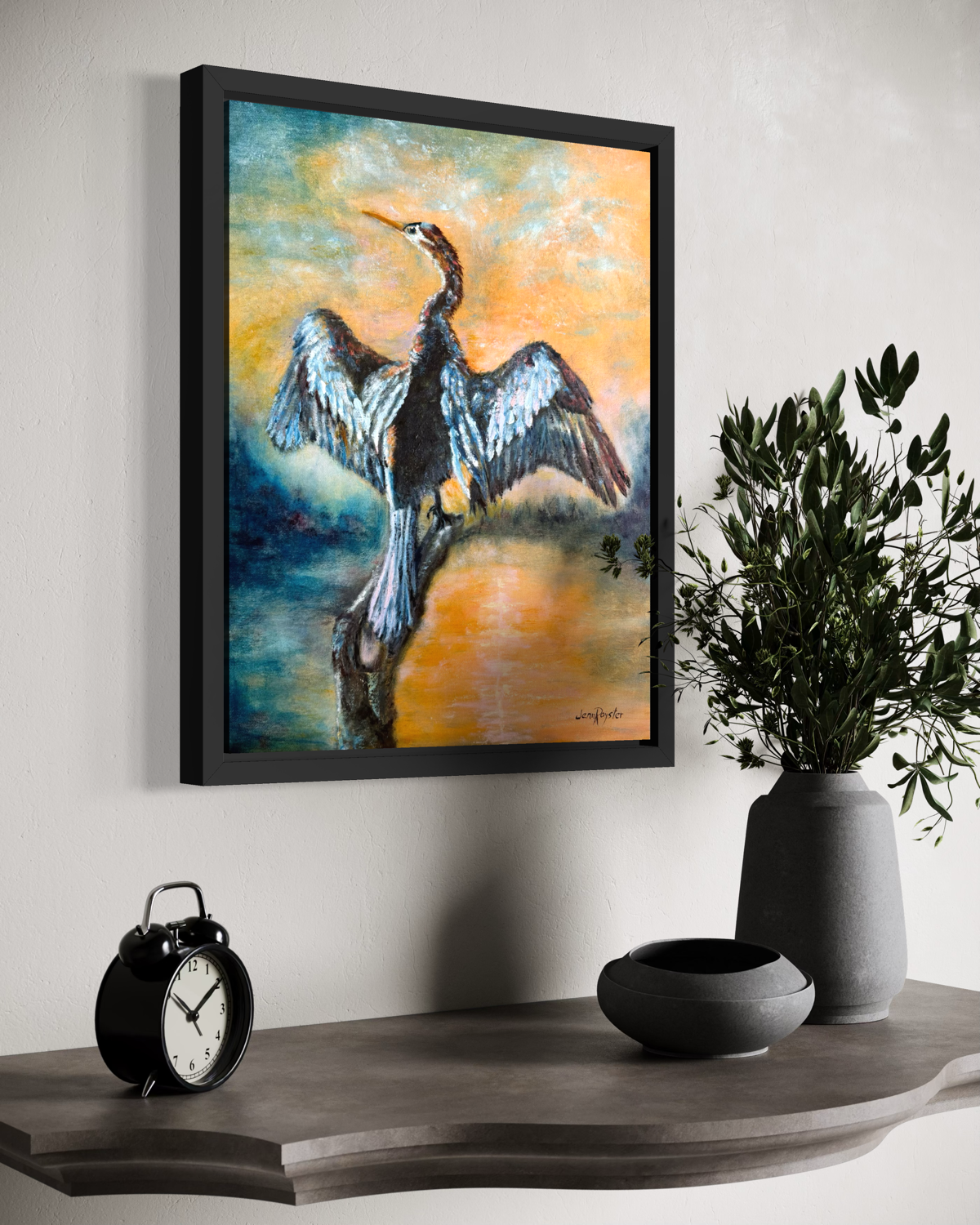 Anhinga’s Quiet Flame - Original Oil Painting, 20 x 16 in