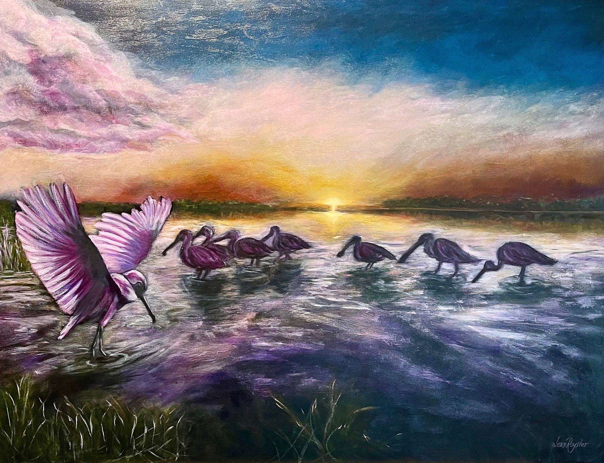 Painting of pink roseate spoonbills wading in water with a colorful sunset sky.