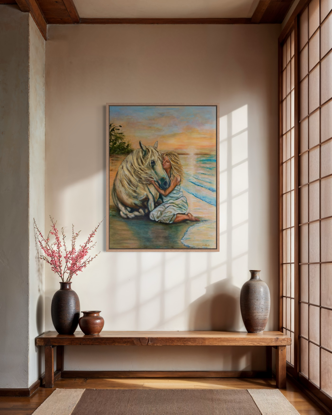 Original oil painting of a woman embracing a white horse on a sunset beach, by Florida artist Jenn Royster