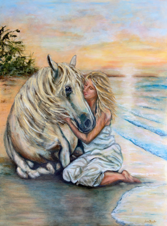 Original oil painting of a woman embracing a white horse on a sunset beach, by Florida artist Jenn Royster