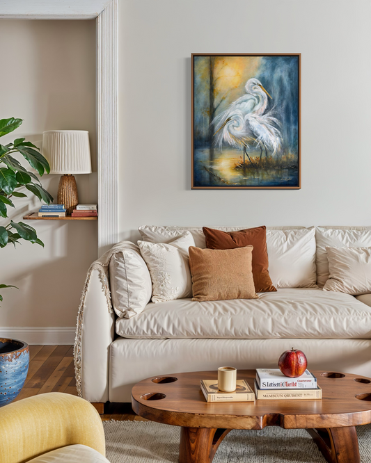 Whispers Along the Water’s Edge - Original White Egret Oil and Cold Wax Painting, 30 x 24 in