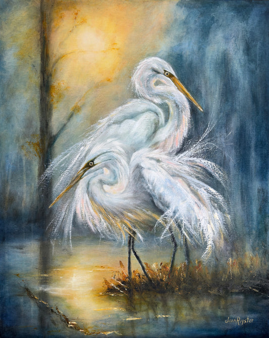 Whispers Along the Water’s Edge - Original White Egret Oil and Cold Wax Painting, 30 x 24 in